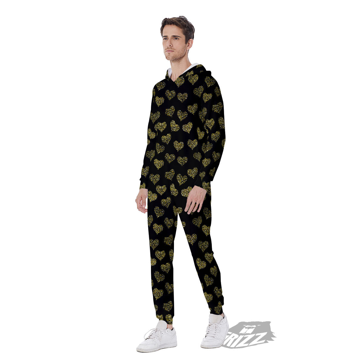 Gold Heart Glitter Print Pattern Men's Jumpsuit-grizzshop