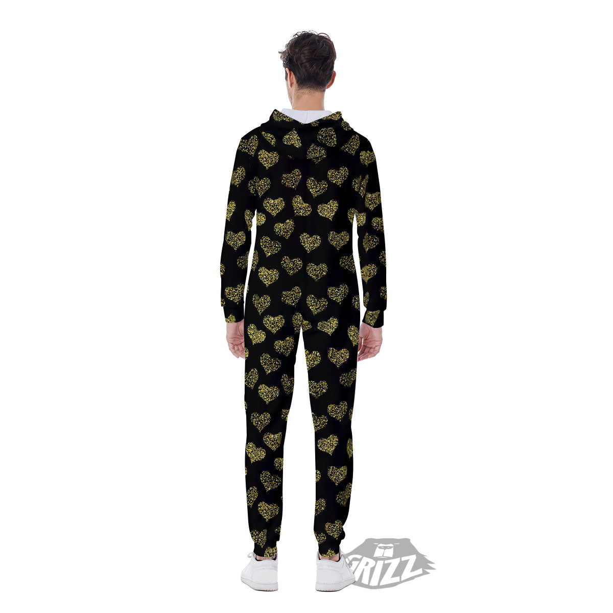 Gold Heart Glitter Print Pattern Men's Jumpsuit-grizzshop