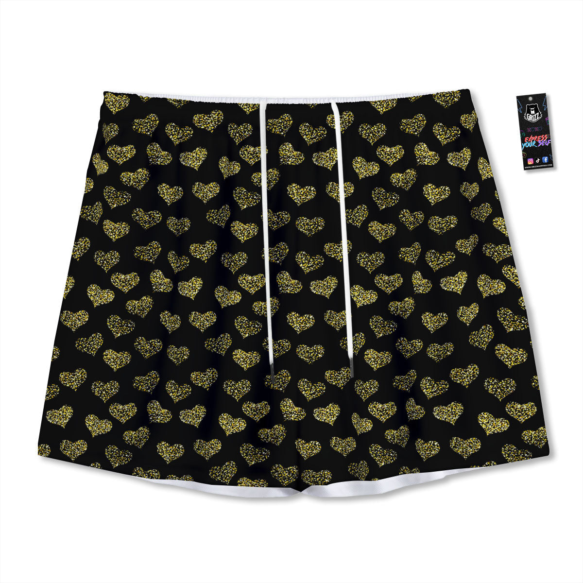 Gold Heart Glitter Print Pattern Mesh Shorts