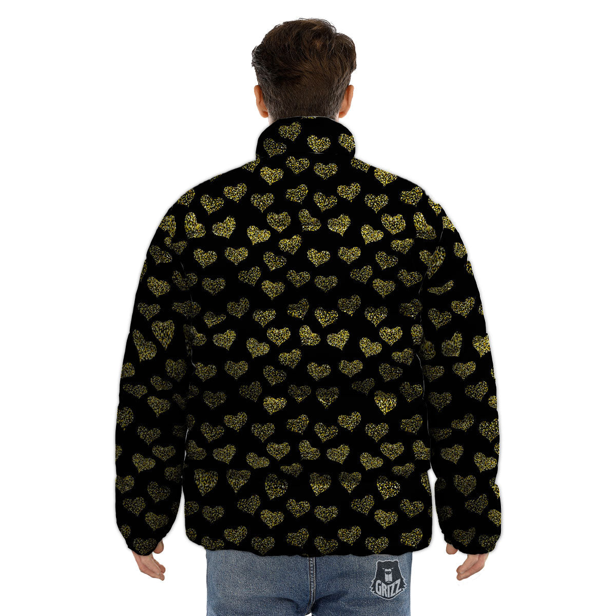 Gold Heart Glitter Print Pattern Puffer Jacket-grizzshop
