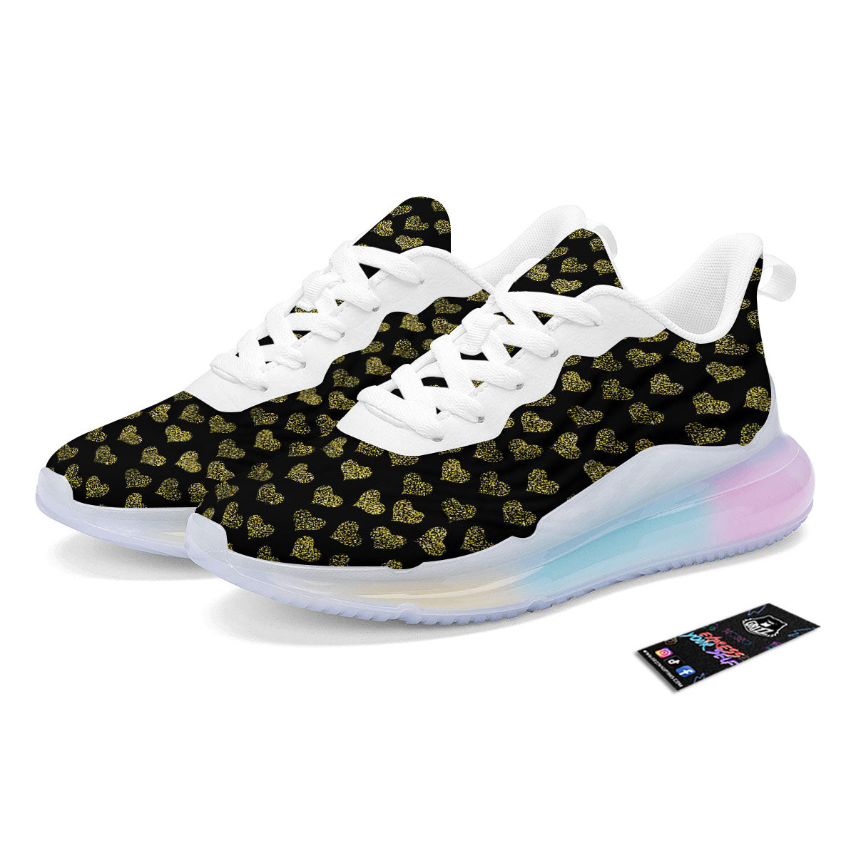 Gold Heart Glitter Print Pattern Running Sneakers-grizzshop