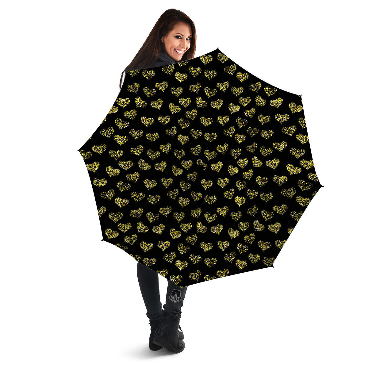Gold Heart Glitter Print Pattern Umbrella-grizzshop