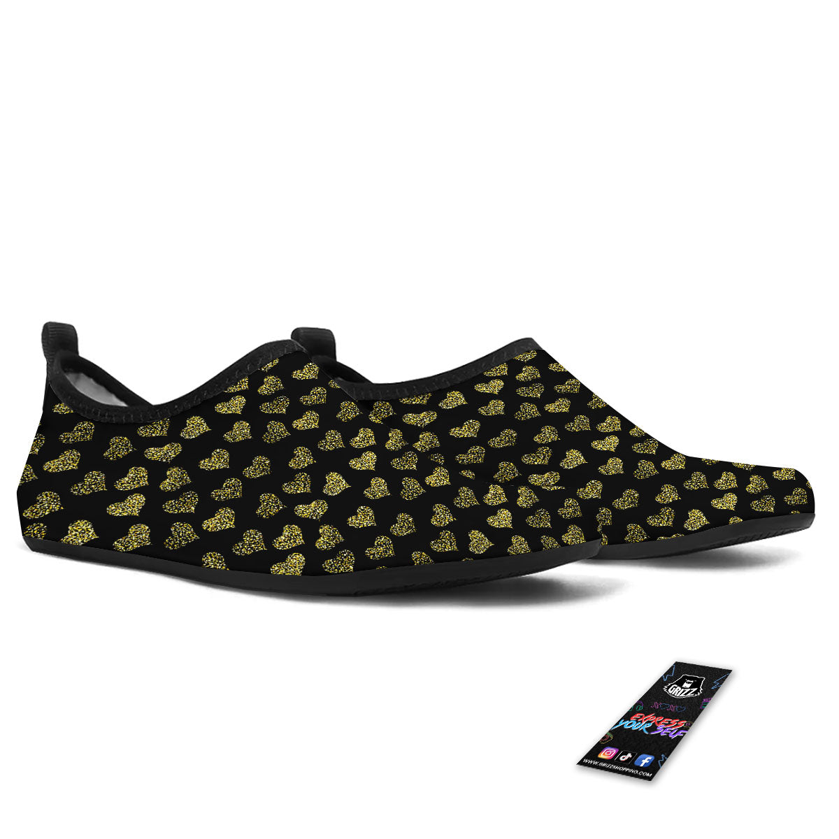 Gold Heart Glitter Print Pattern Water Shoes-grizzshop