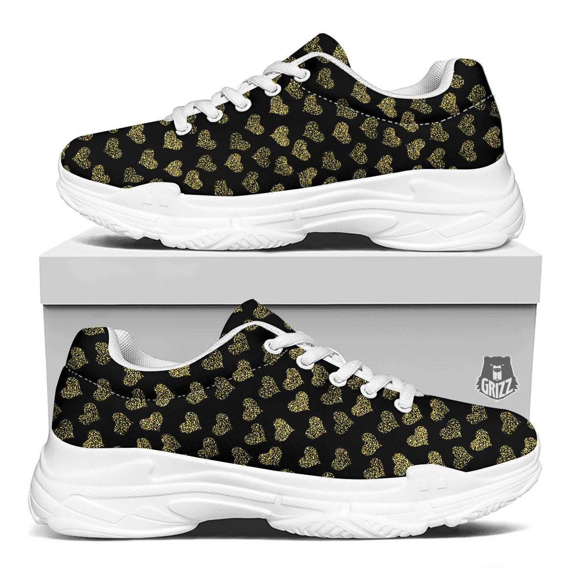 Gold Heart Glitter Print Pattern White Chunky Shoes-grizzshop