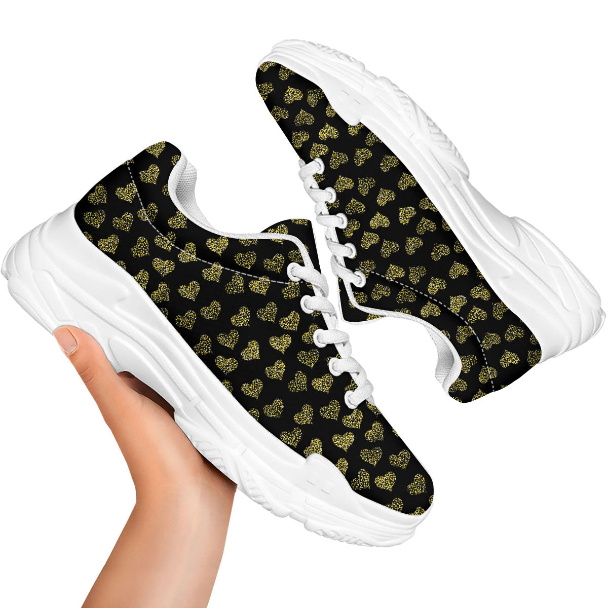 Gold Heart Glitter Print Pattern White Chunky Shoes-grizzshop
