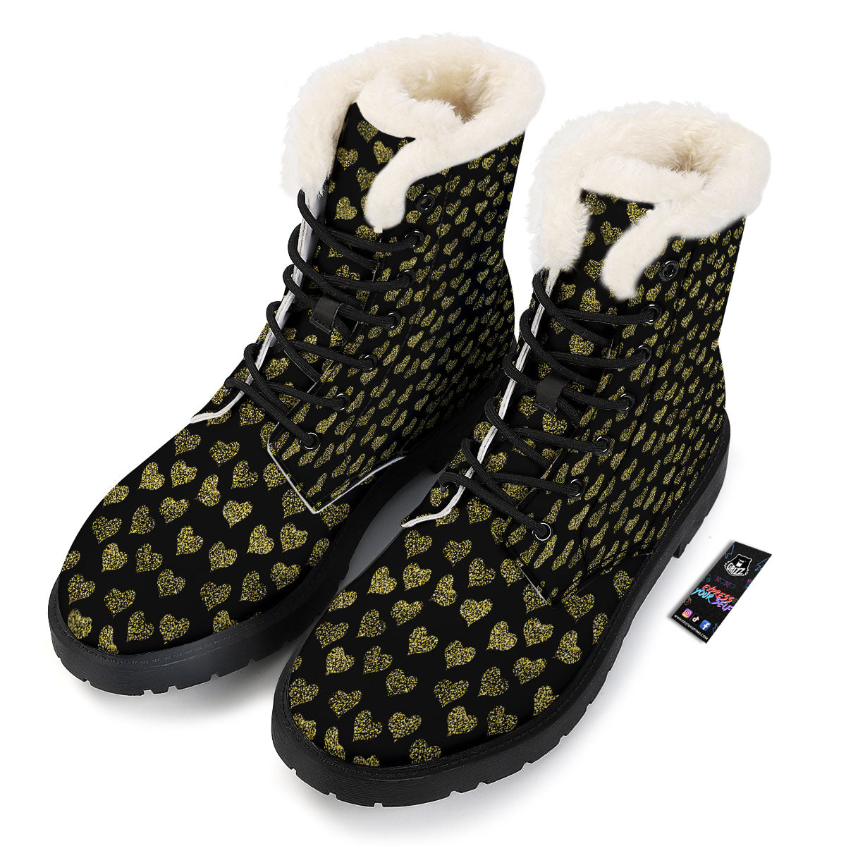 Gold Heart Glitter Print Pattern Winter Boots-grizzshop