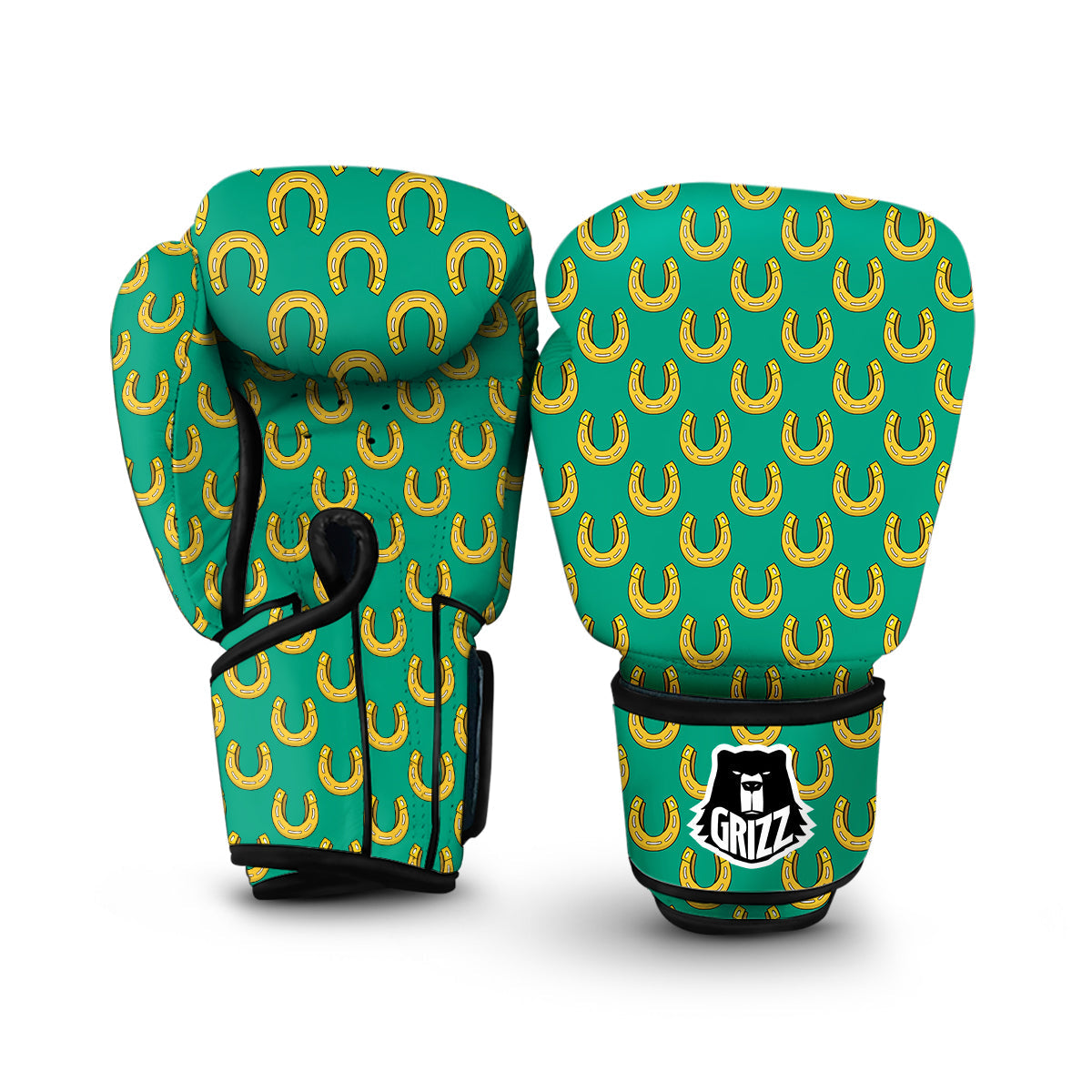 Gold Horseshoe And Green Print Pattern Boxing Gloves-grizzshop