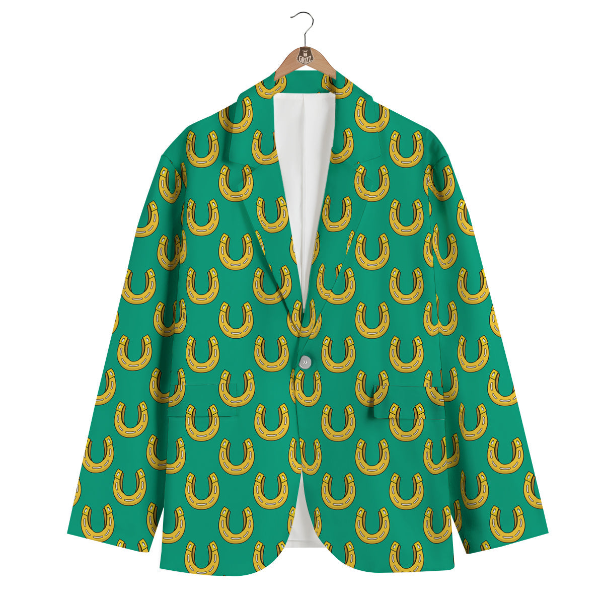 Gold Horseshoe And Green Print Pattern Men's Blazer-grizzshop