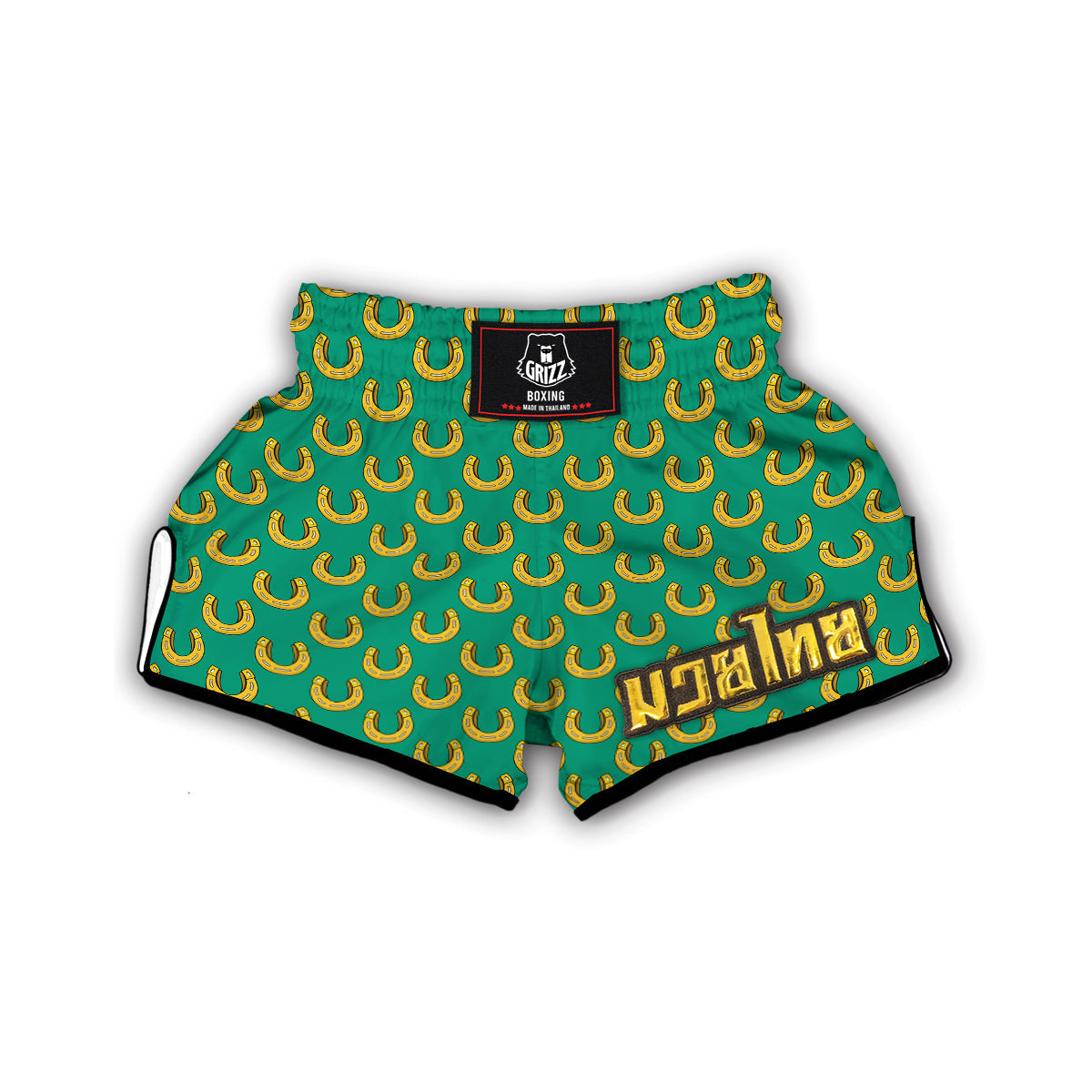 Gold Horseshoe And Green Print Pattern Muay Thai Boxing Shorts-grizzshop