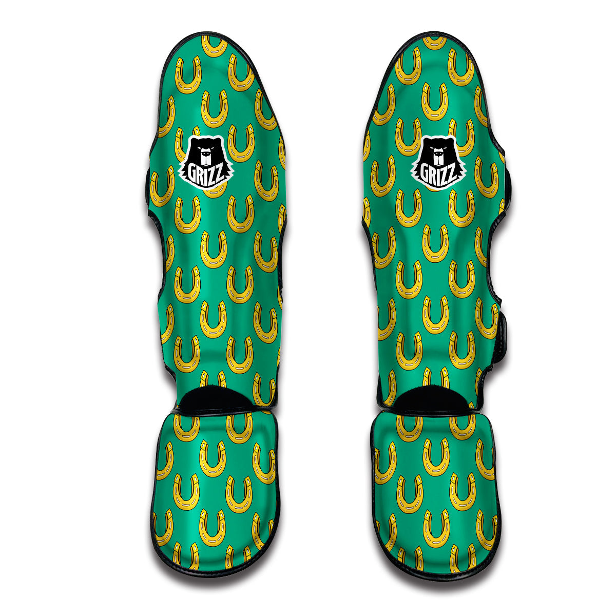 Gold Horseshoe And Green Print Pattern Muay Thai Shin Guards-grizzshop