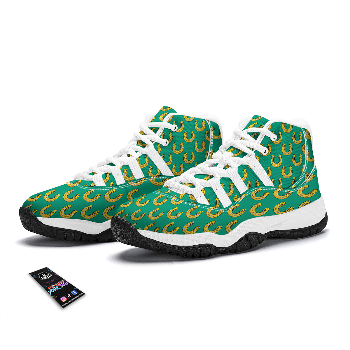 Gold Horseshoe And Green Print Pattern White Bball Shoes-grizzshop