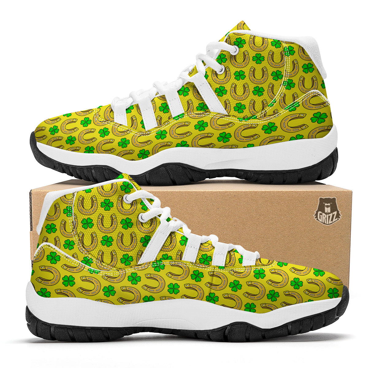 Gold Horseshoe Yellow Print Pattern White Bball Shoes-grizzshop
