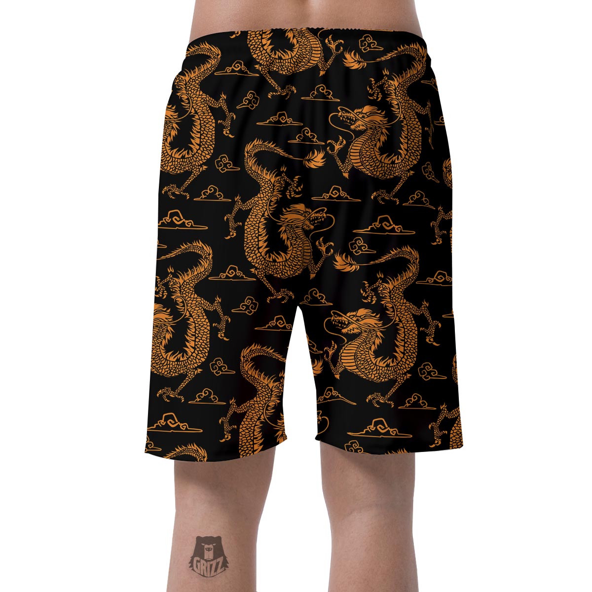 Gold Janpanese Dragon Print Men's Shorts-grizzshop