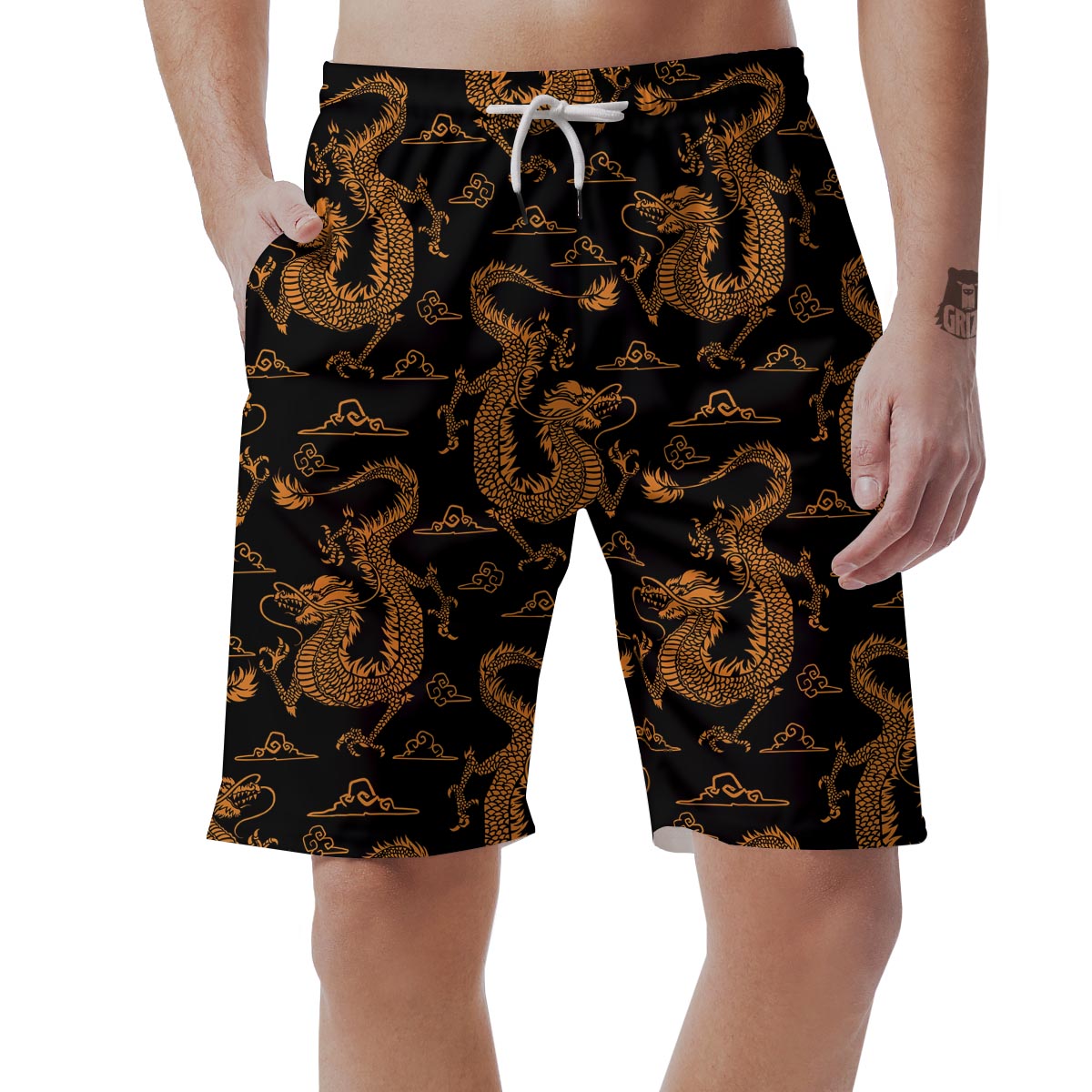 Gold Janpanese Dragon Print Men's Shorts-grizzshop