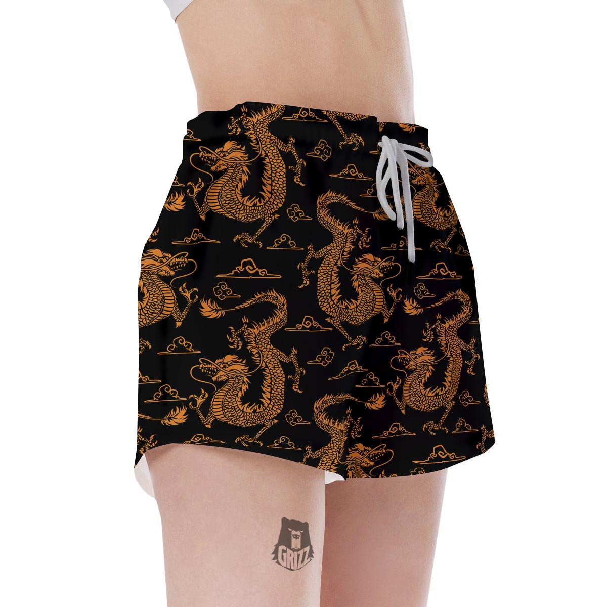 Gold Janpanese Dragon Print Women's Shorts-grizzshop