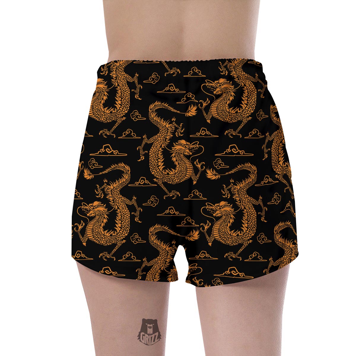 Gold Janpanese Dragon Print Women's Shorts-grizzshop