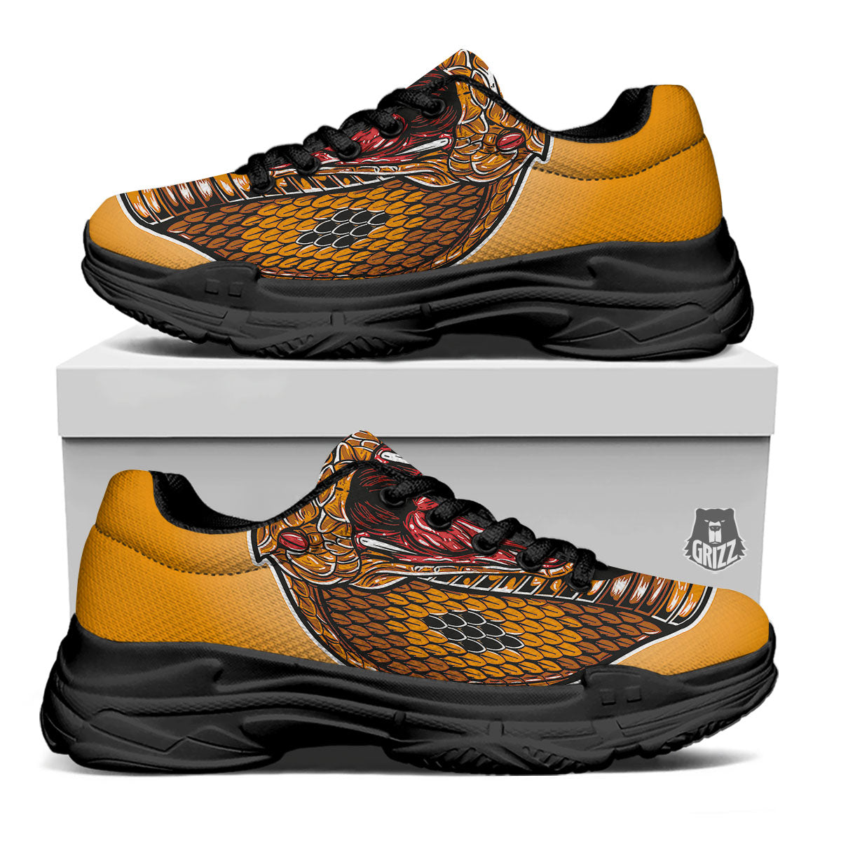 Gold King Cobra Snake Head Print Black Chunky Shoes-grizzshop