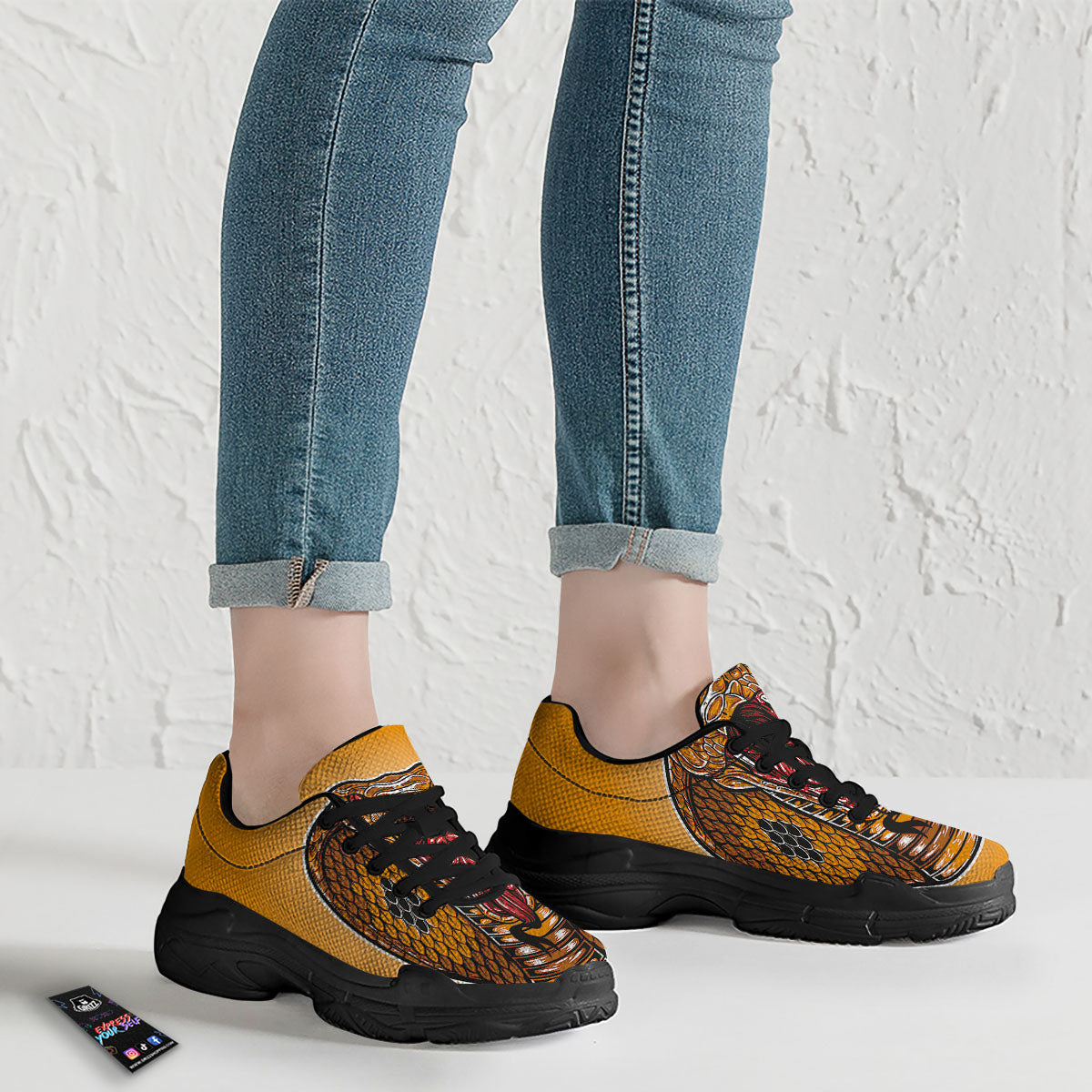 Gold King Cobra Snake Head Print Black Chunky Shoes-grizzshop