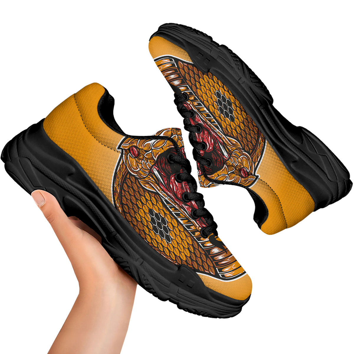 Gold King Cobra Snake Head Print Black Chunky Shoes-grizzshop