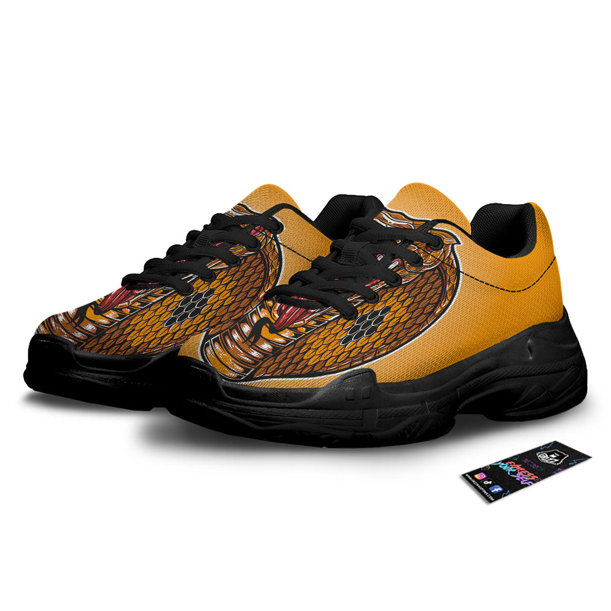 Gold King Cobra Snake Head Print Black Chunky Shoes-grizzshop