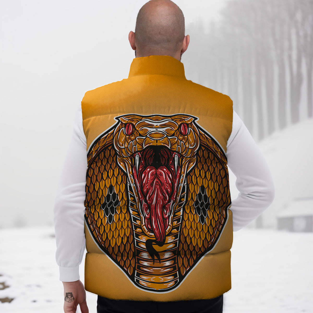 Gold King Cobra Snake Head Print Down Vest