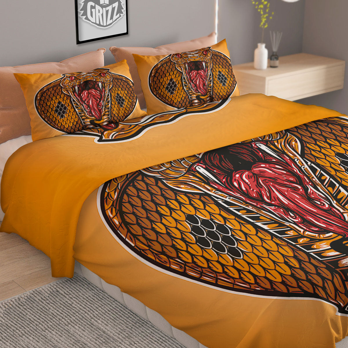 Gold King Cobra Snake Head Print Duvet Cover Bedding Set