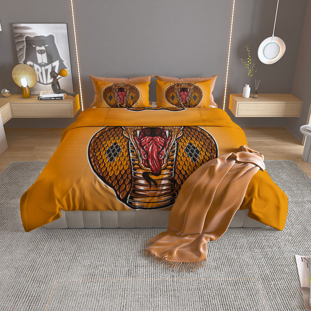 Gold King Cobra Snake Head Print Duvet Cover Bedding Set