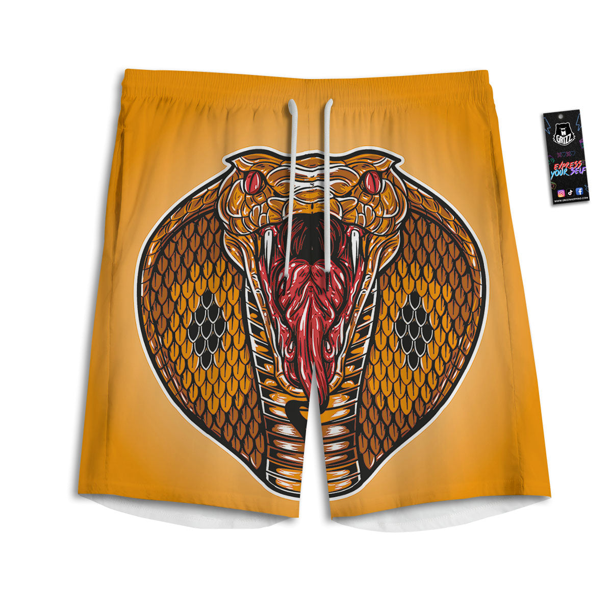 Gold King Cobra Snake Head Print Men's Athletic Shorts
