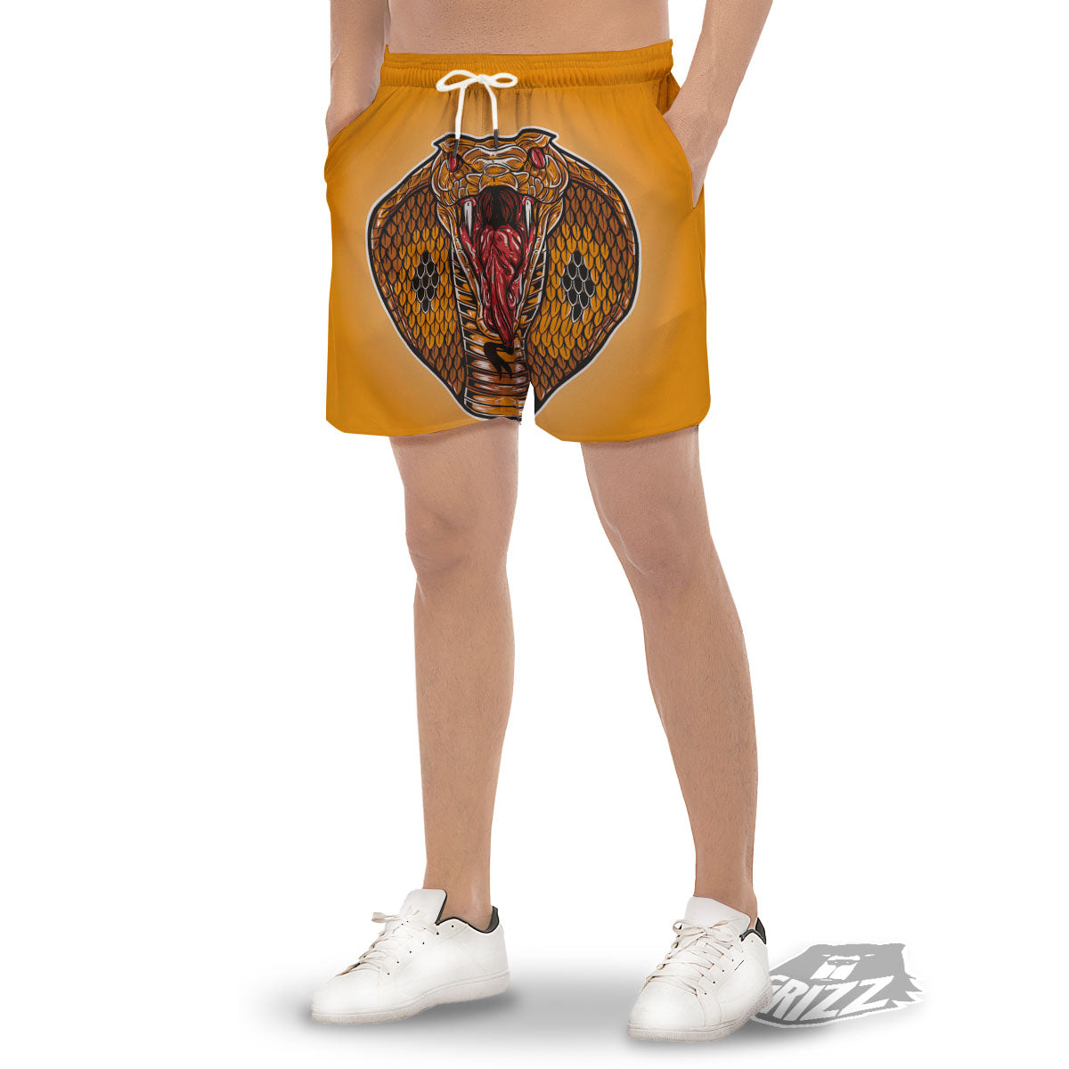 Gold King Cobra Snake Head Print Men's Gym Shorts-grizzshop