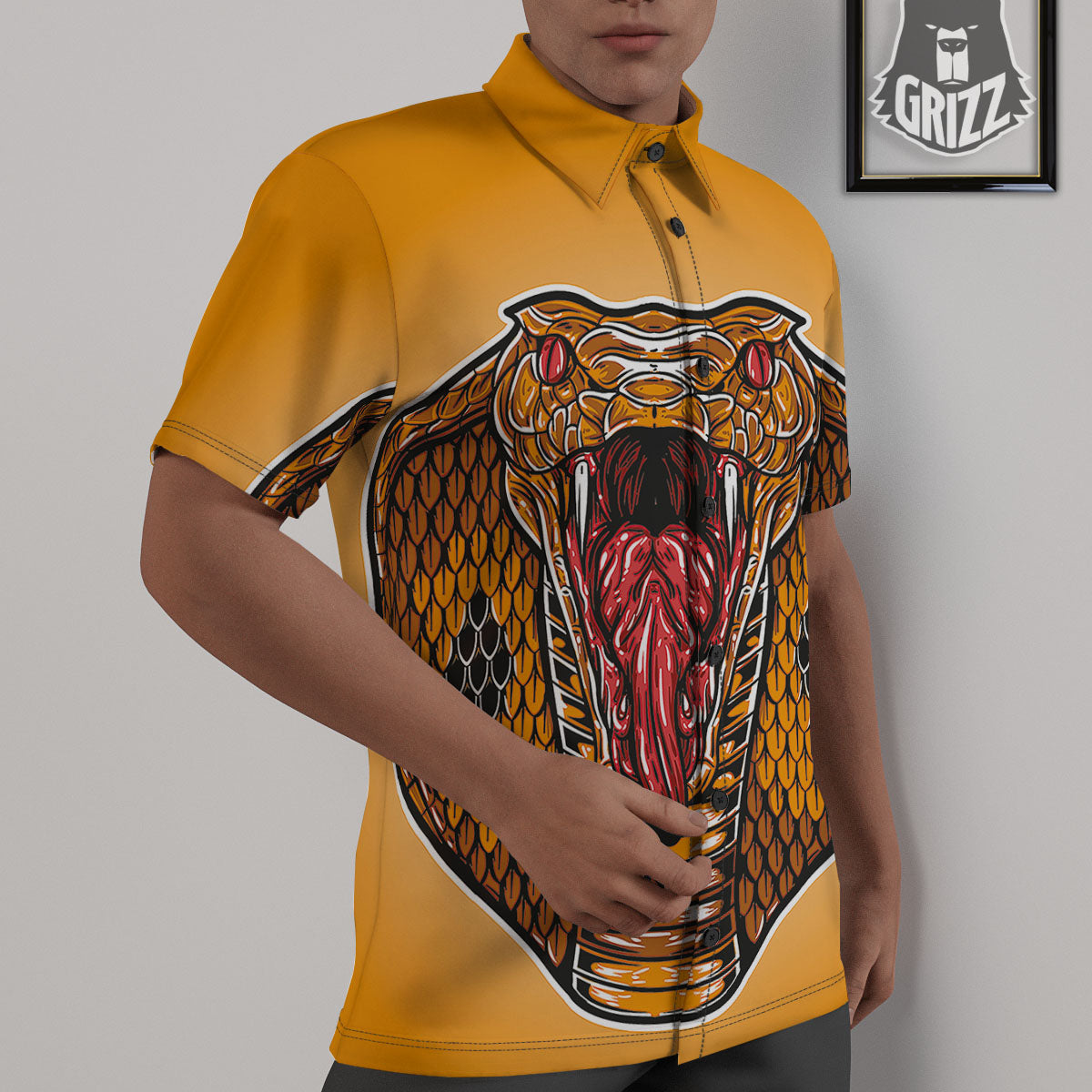 Gold King Cobra Snake Head Print Untucked Shirts-grizzshop