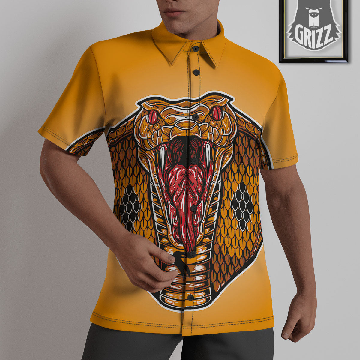Gold King Cobra Snake Head Print Untucked Shirts-grizzshop