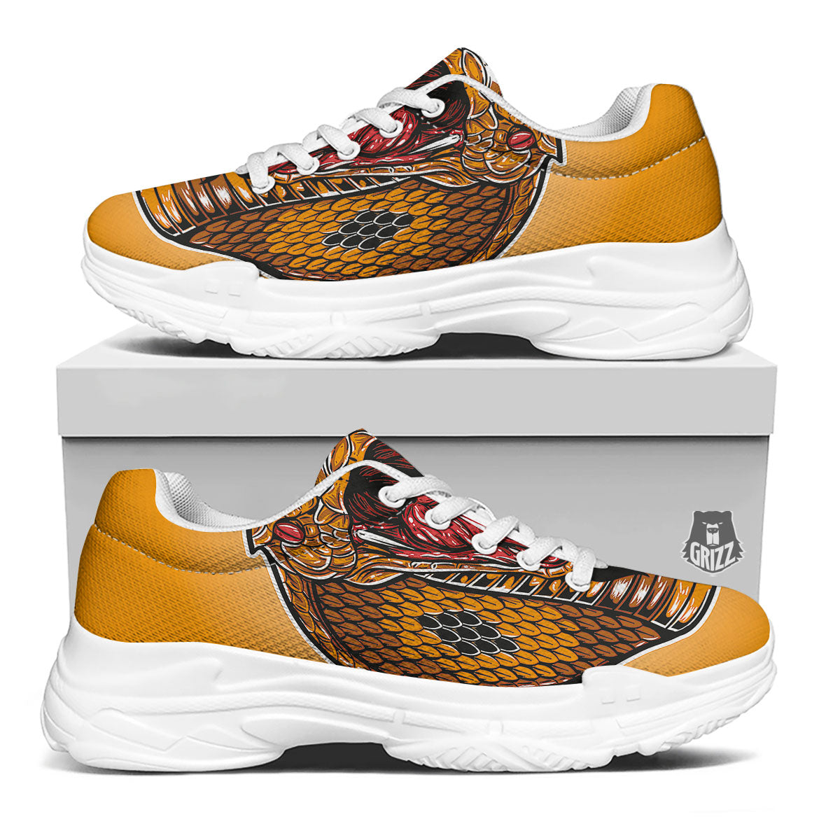 Gold King Cobra Snake Head Print White Chunky Shoes-grizzshop