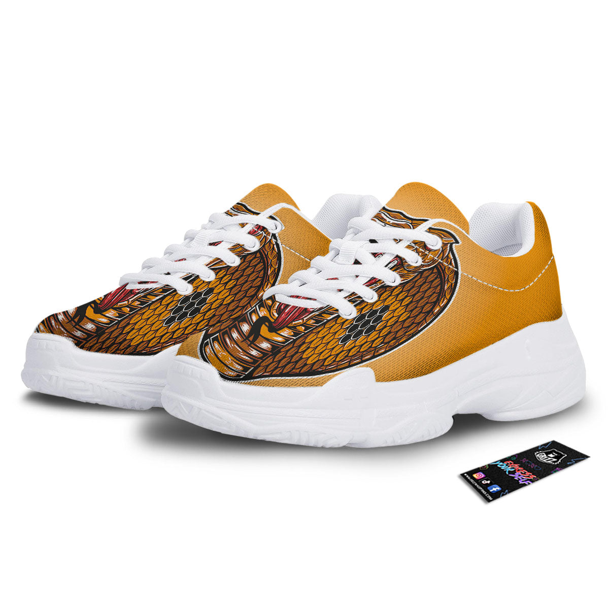 Gold King Cobra Snake Head Print White Chunky Shoes-grizzshop