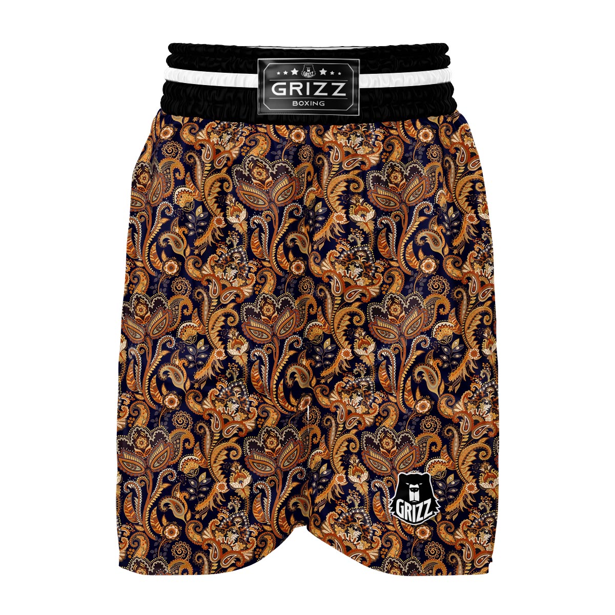 Gold Paisley Pattern Print Boxing Shorts-grizzshop