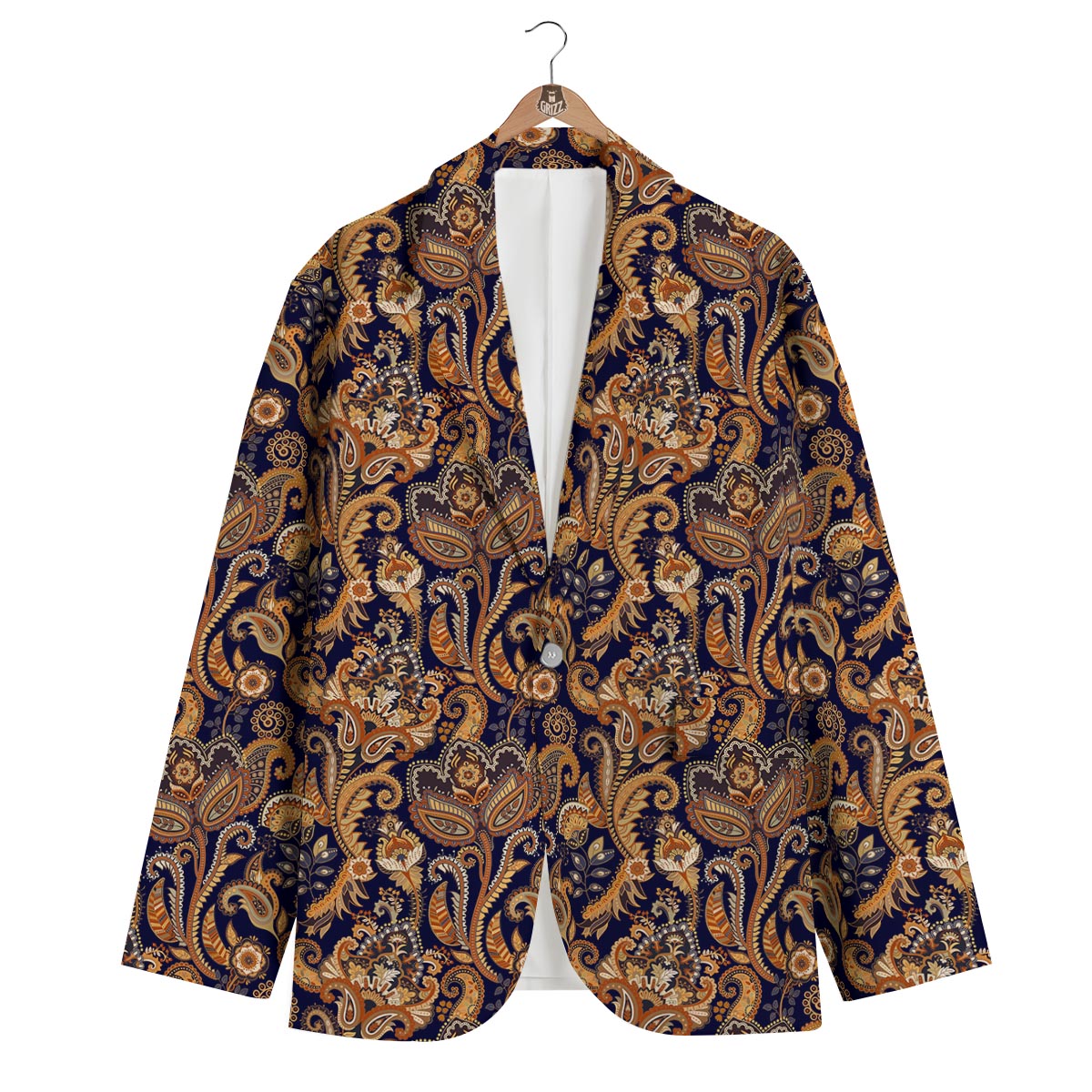 Gold Paisley Pattern Print Men's Blazer-grizzshop