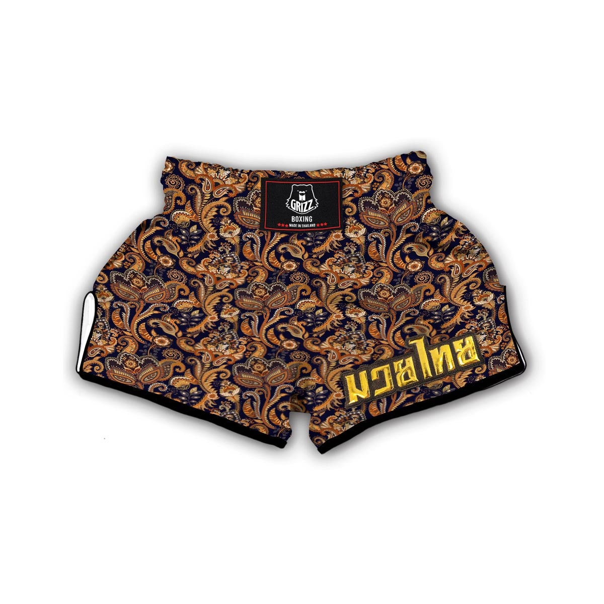 Gold Paisley Pattern Print Muay Thai Boxing Shorts-grizzshop