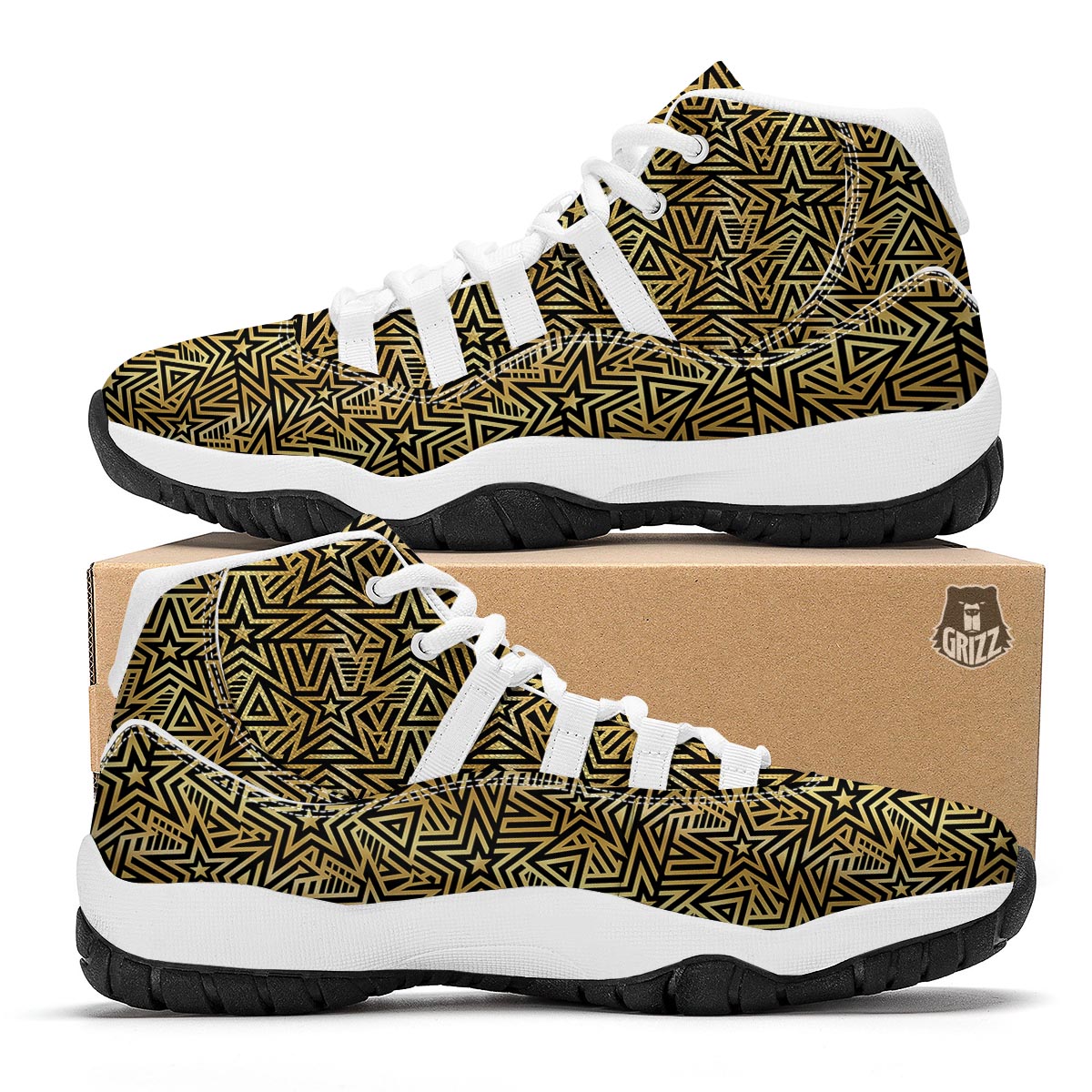 Gold Star Pattern Print White Bball Shoes-grizzshop