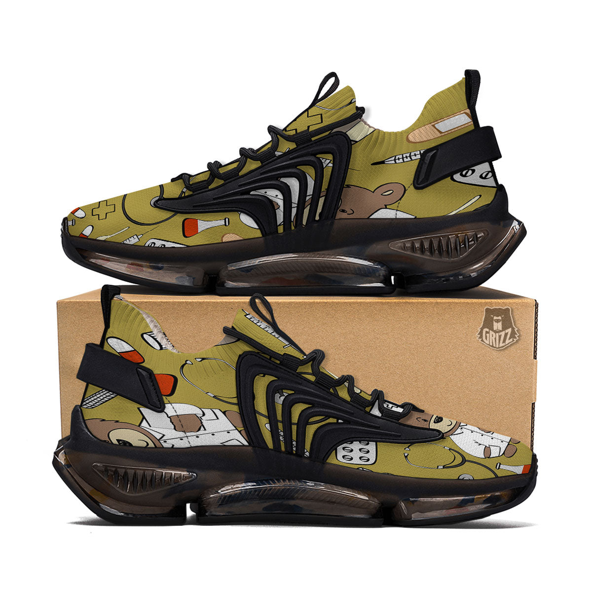 Gold Teddy Bear Nurse Black Gym Shoes-grizzshop