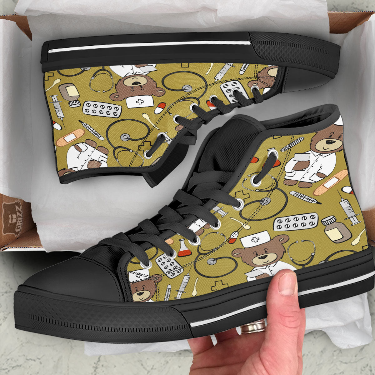 Gold Teddy Bear Nurse Black High Top Shoes-grizzshop