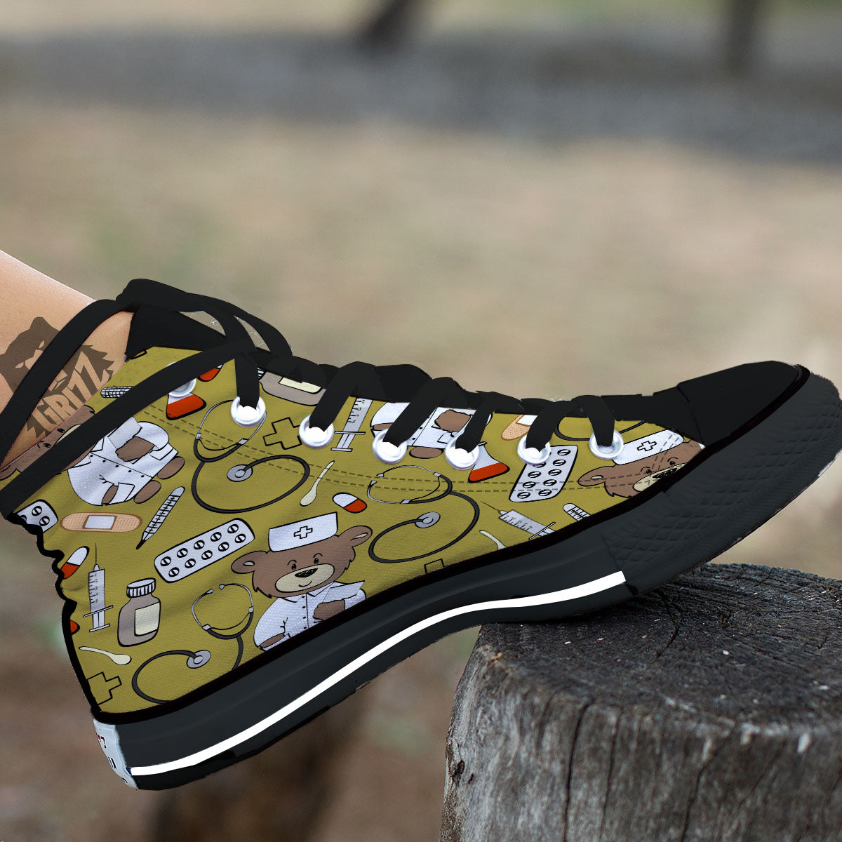 Gold Teddy Bear Nurse Black High Top Shoes-grizzshop