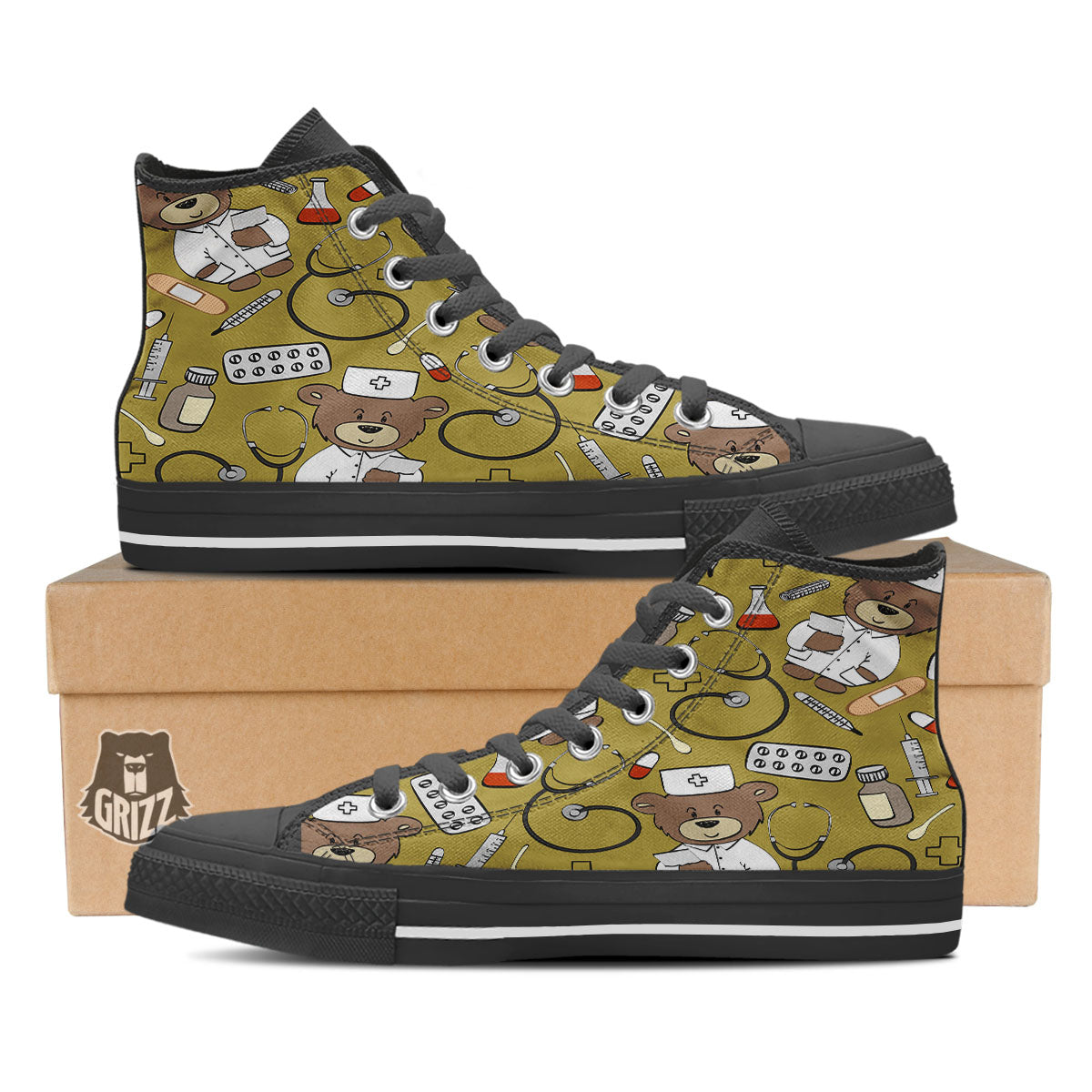 Gold Teddy Bear Nurse Black High Top Shoes-grizzshop