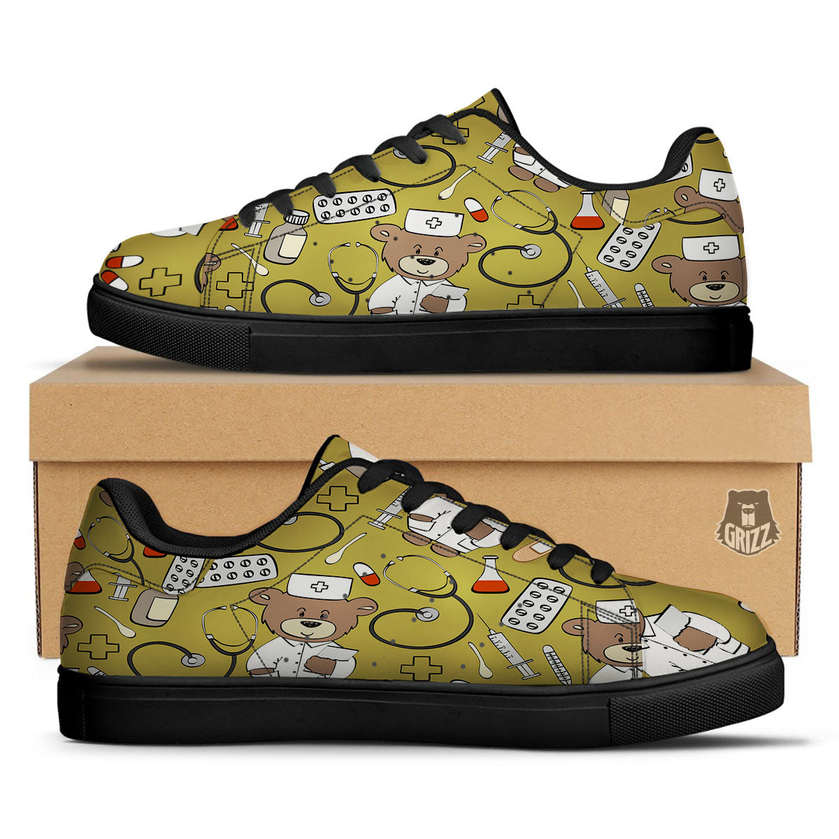 Gold Teddy Bear Nurse Black Low Top Sneakers-grizzshop