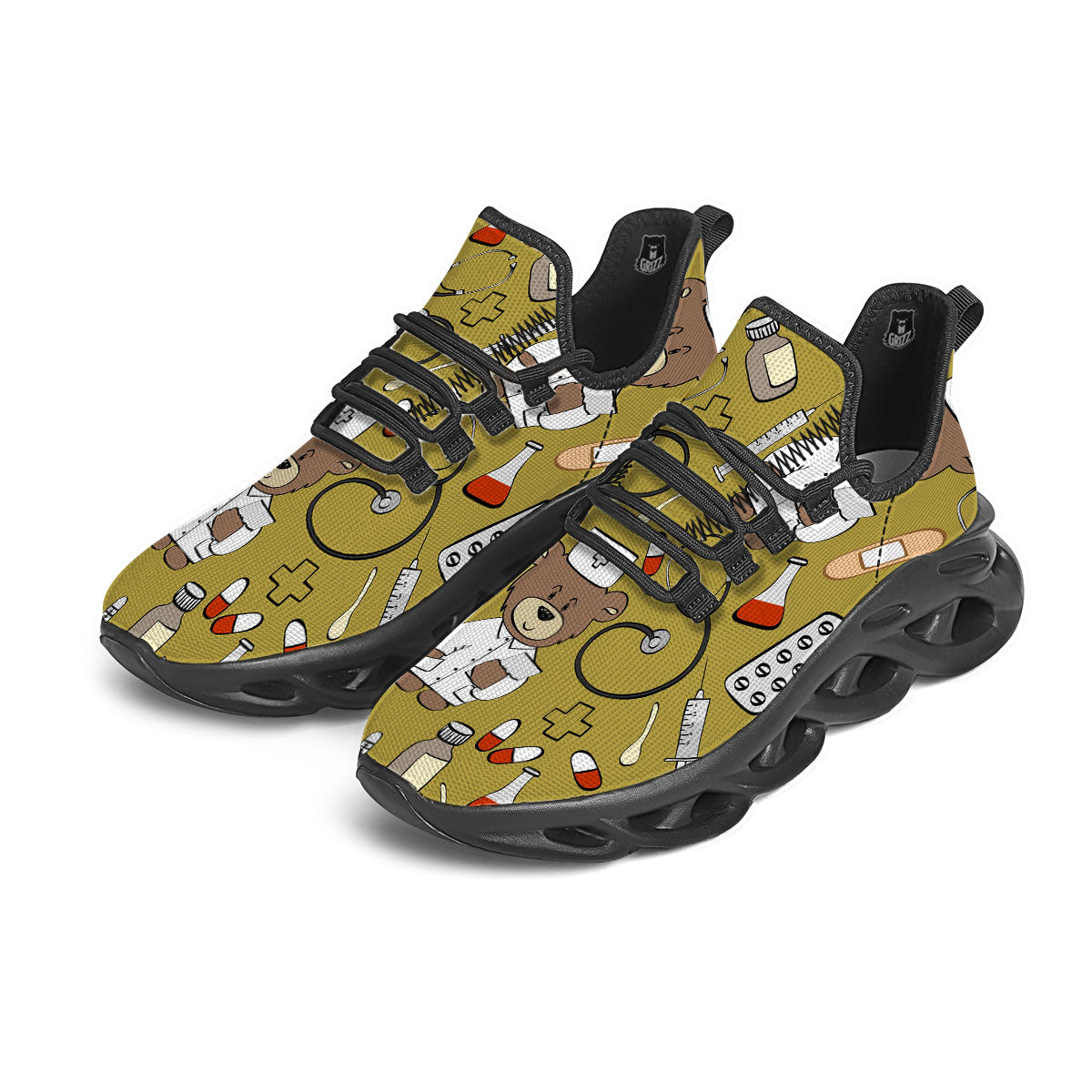 Gold Teddy Bear Nurse Black Running Shoes-grizzshop
