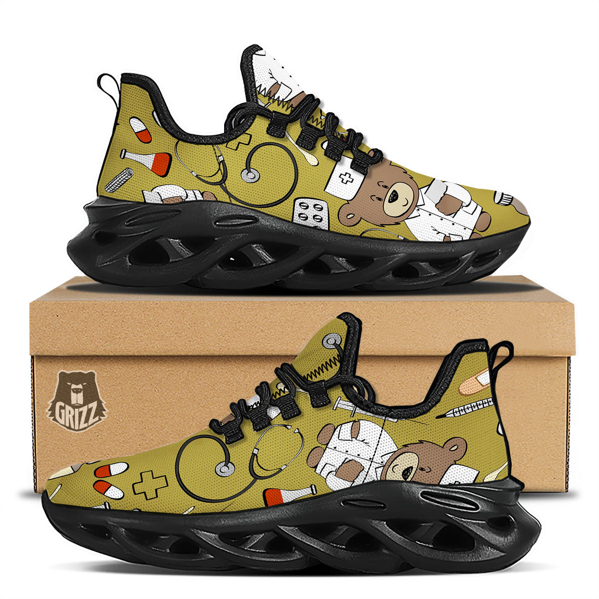 Gold Teddy Bear Nurse Black Running Shoes-grizzshop