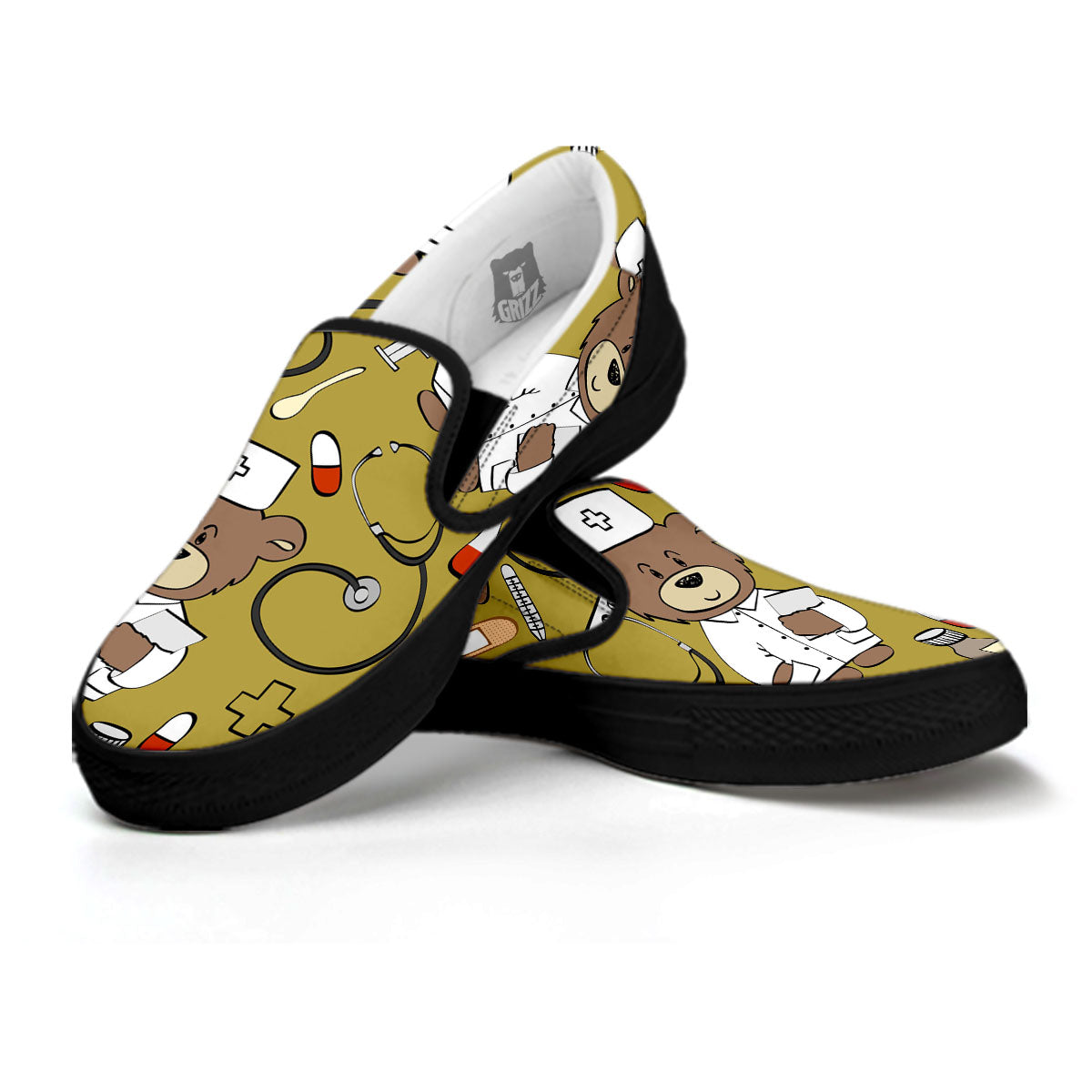 Gold Teddy Bear Nurse Black Slip On Shoes-grizzshop