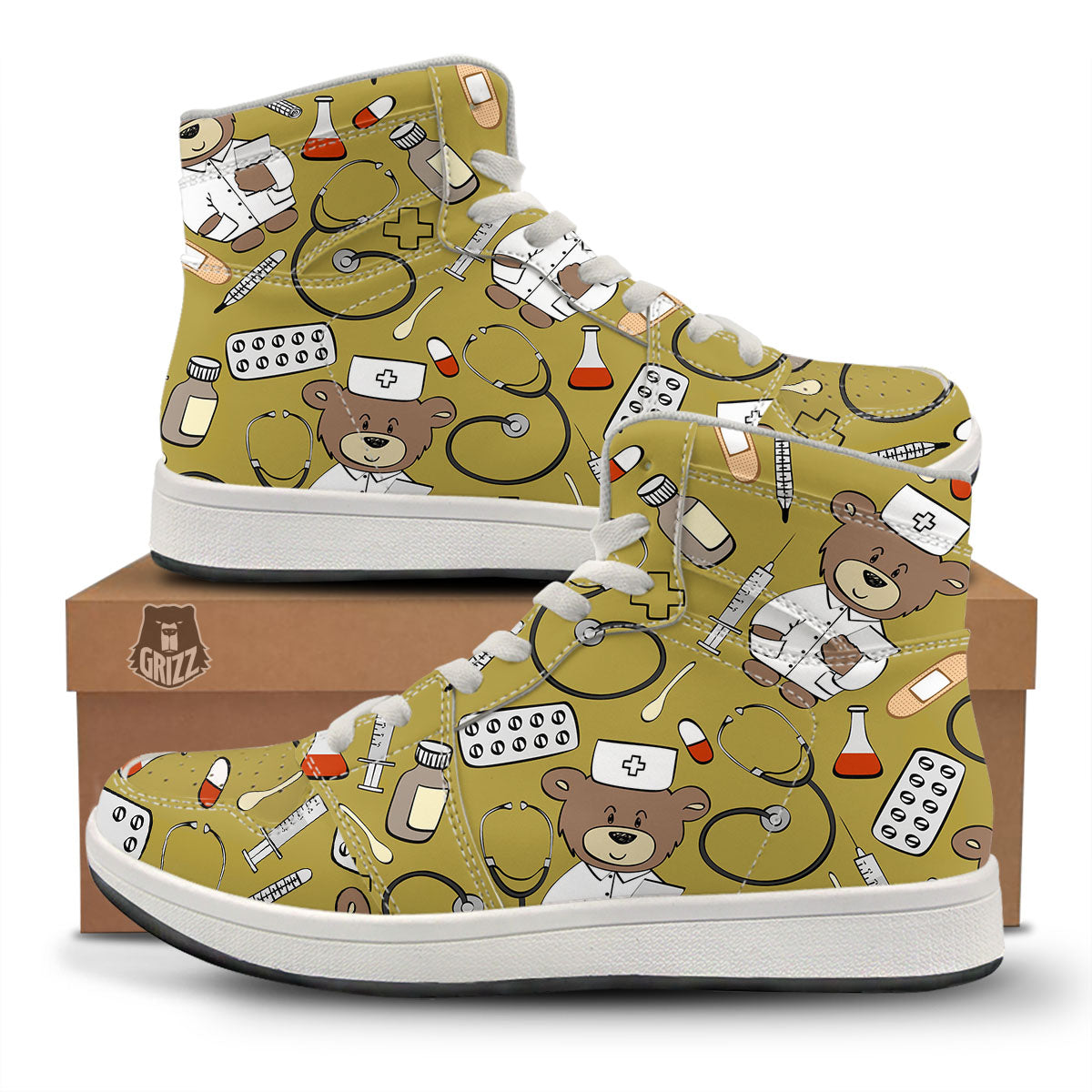 Gold Teddy Bear Nurse High Top Sneakers-grizzshop