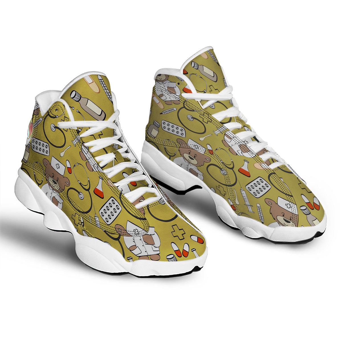 Gold Teddy Bear Nurse White Basketball Shoes-grizzshop