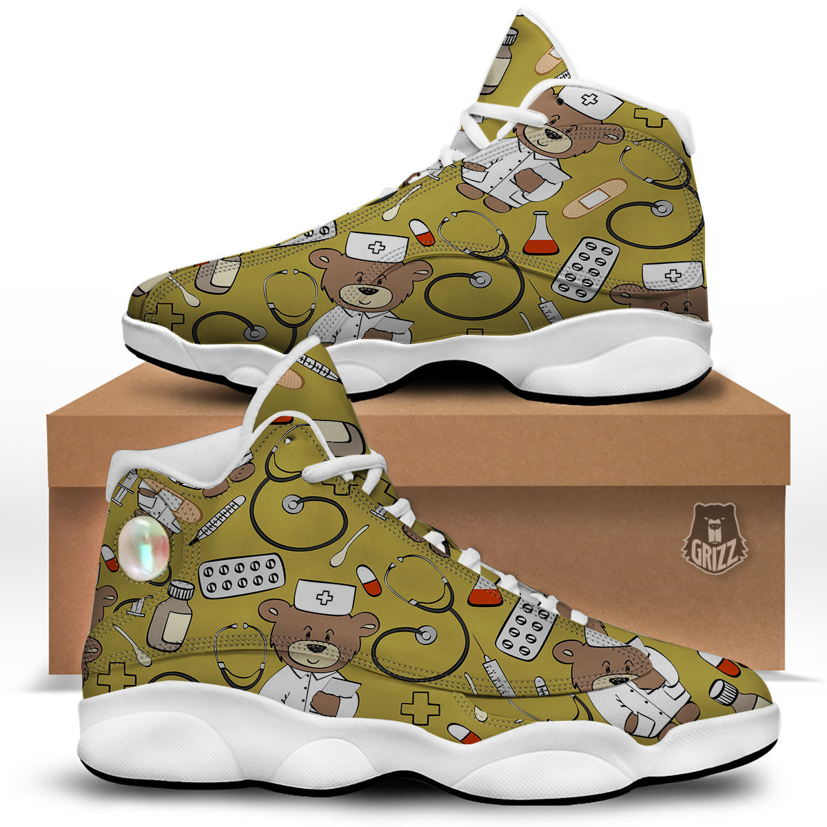 Gold Teddy Bear Nurse White Basketball Shoes-grizzshop