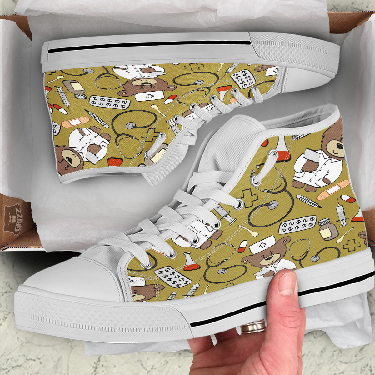 Gold Teddy Bear Nurse White High Top Shoes-grizzshop