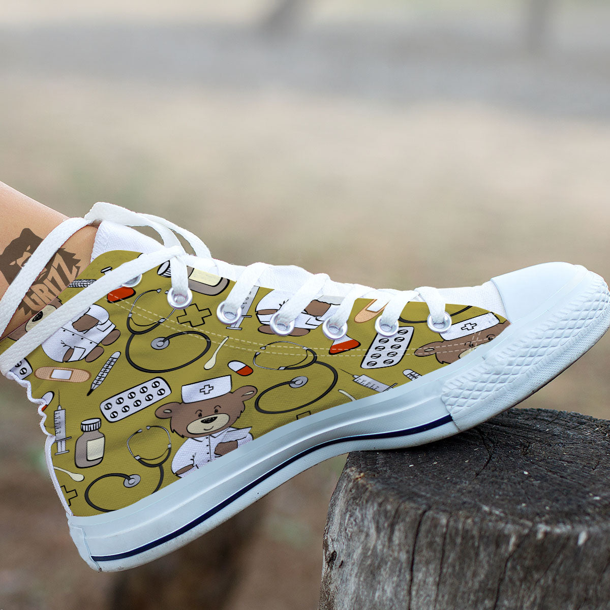 Gold Teddy Bear Nurse White High Top Shoes-grizzshop